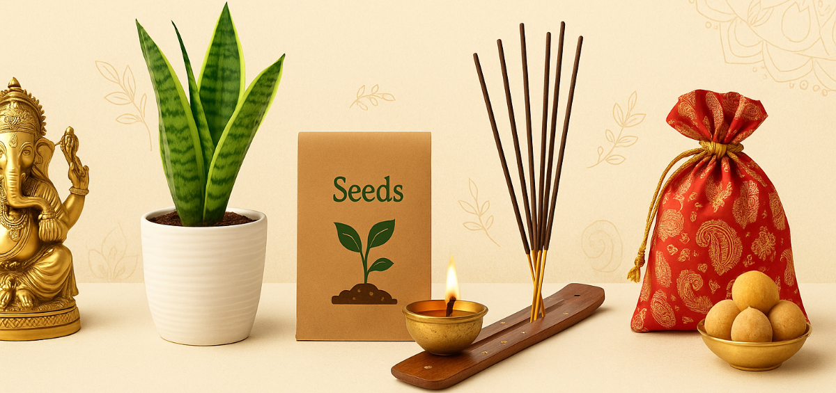 generate a banner with our website product photos of idols, plants and seeds, insane sticks and return gifts